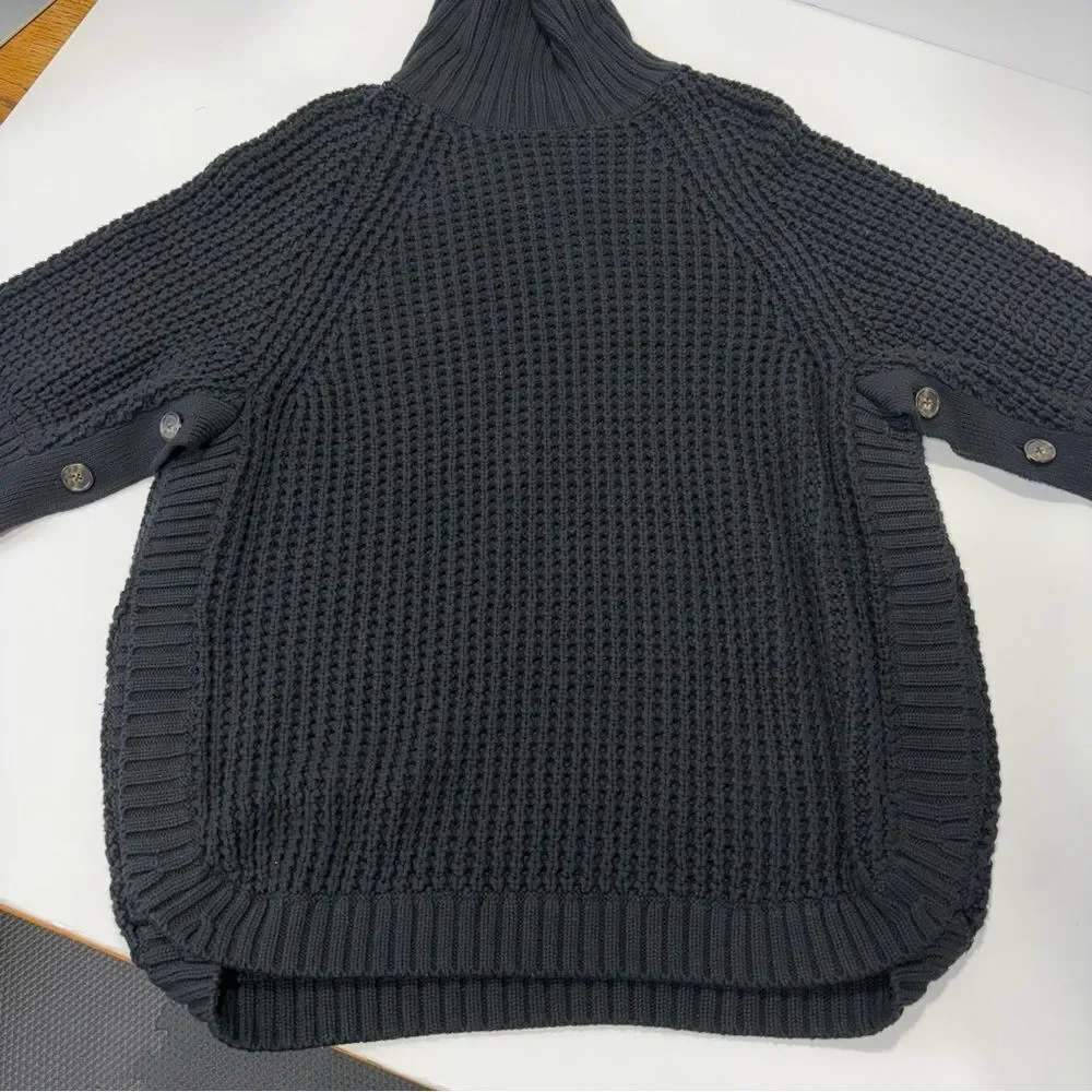 J. Crew Black Waffle Knit Turtleneck Sweater Size L Button Sleeve Poncho J6393